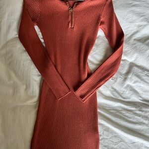 Say What? Brown Ribbed Mock Neck Long Sleeve Dress